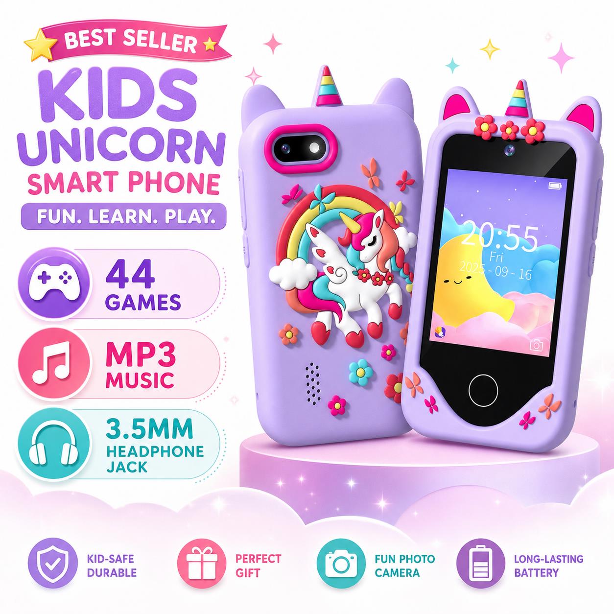 Phone Cases For Boys - โทรศัพท์ของเล่นอัจฉริยะสำหรับเด็ก พร้อมเกมปริศนา 44 เกม เครื่องเล่น MP3