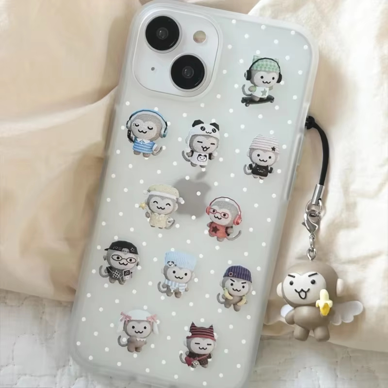 Phone Cases Kawaii - เคสโทรศัพท์ลายจุดขาวลายน้องลิงคาวาอี้เรียบง่าย สำหรับ iPhone 18ULTRA 17 AIR